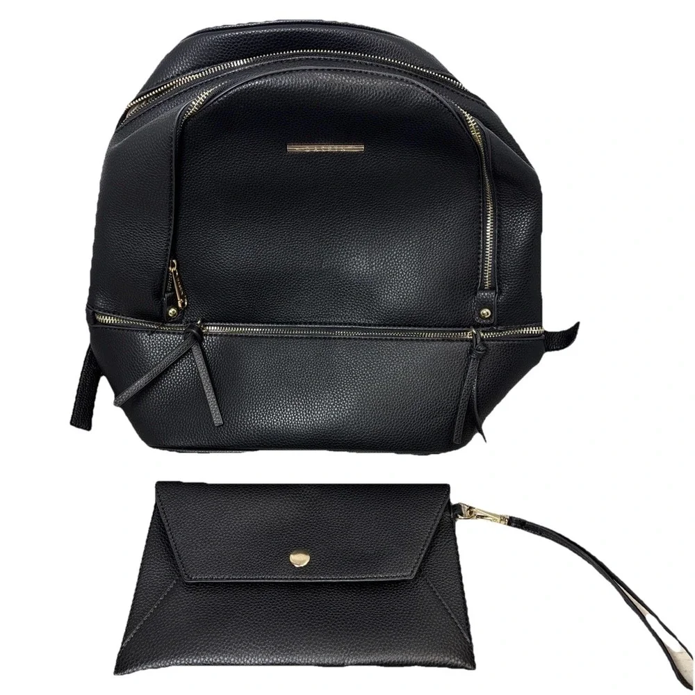 Dasein‎ Black Faux Leather Backpack and Matching Wristlet Set Gold Hardware NWOT